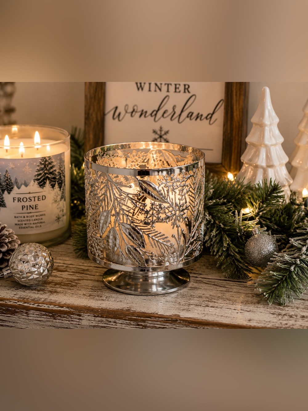 Bath & Body Works Silver Snowflake Pine Branch 3-Wick Candle Holder Pedestal